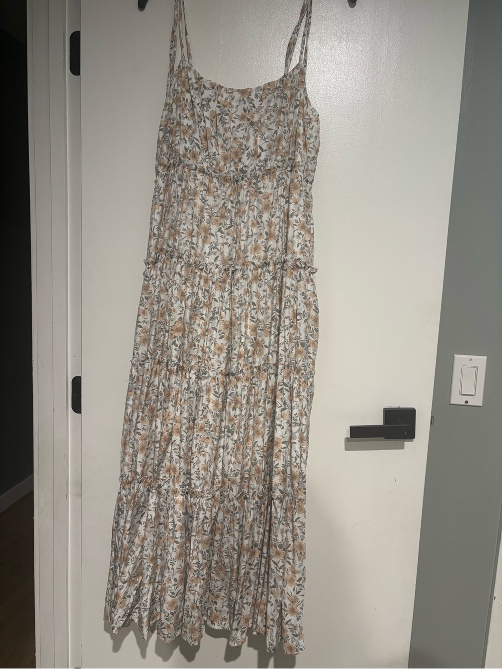 Floral Cream and Tan Tiered Maxi Dress with Spaghetti Straps